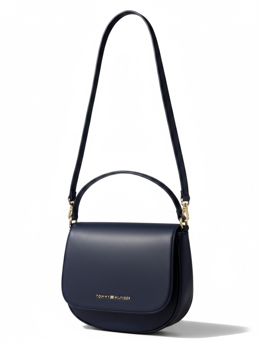 Tommy Hilfiger Navy Leather Crossbody Saddle Bag with Gold Hardware